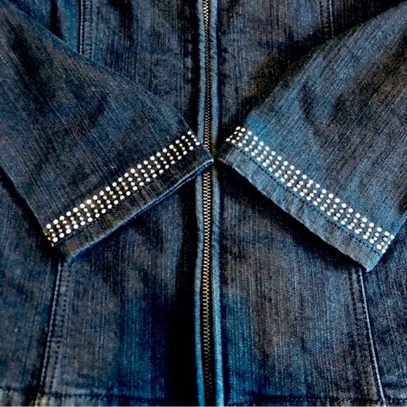Chico’s Studded Denim Jacket Women’s Size Medium Black Stretch Zip Up Old Money - Picture 11 of 12